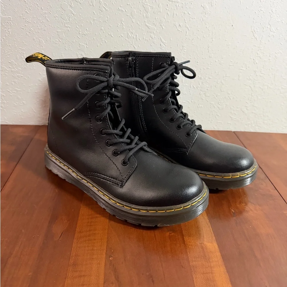 Dr. Martens Zavala Black Leather Lace Up Side Zip Combat Boot Kids 4M EUC